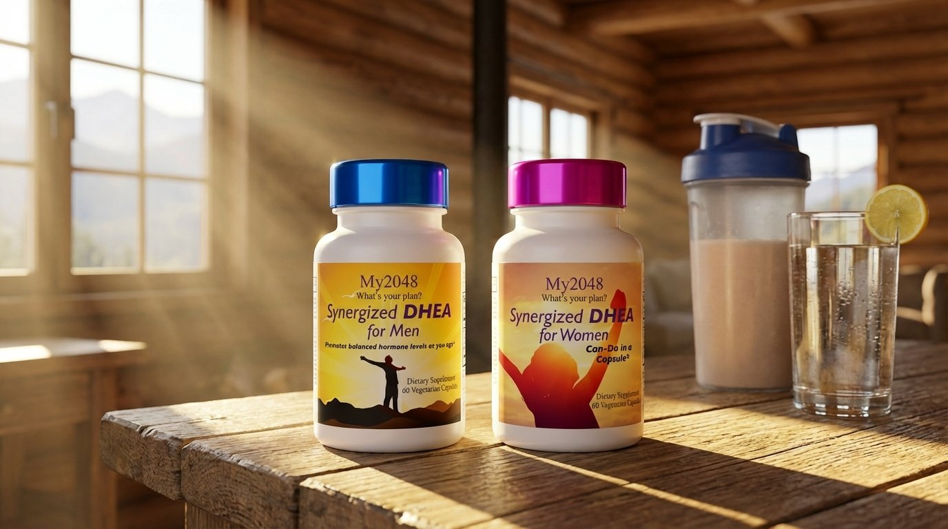 Synergized DHEA for Men supplement bottles - hormone support and vitality formula